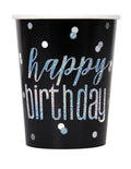 Unique 8 Glitzer Becher Schwarz & Silber Happy Birthday