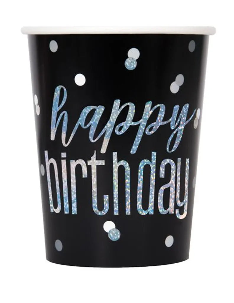 Unique 8 Glitzer Becher Schwarz & Silber Happy Birthday