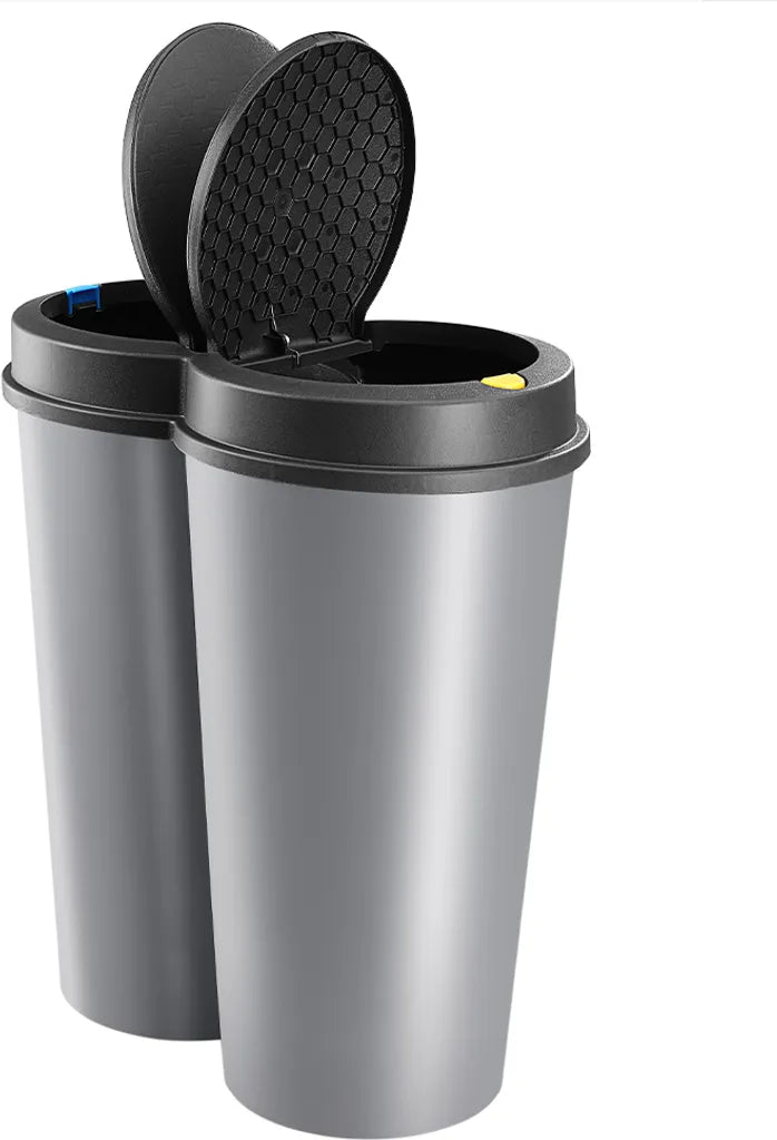  Deuba Mülleimer 50 L Duo 2fach Trennsystem 2x25L Druckknopf-Automatik Küche Abfalleimer Müllbehälter Mülltrennung Büro, Farbe:silber - Silver - Argent