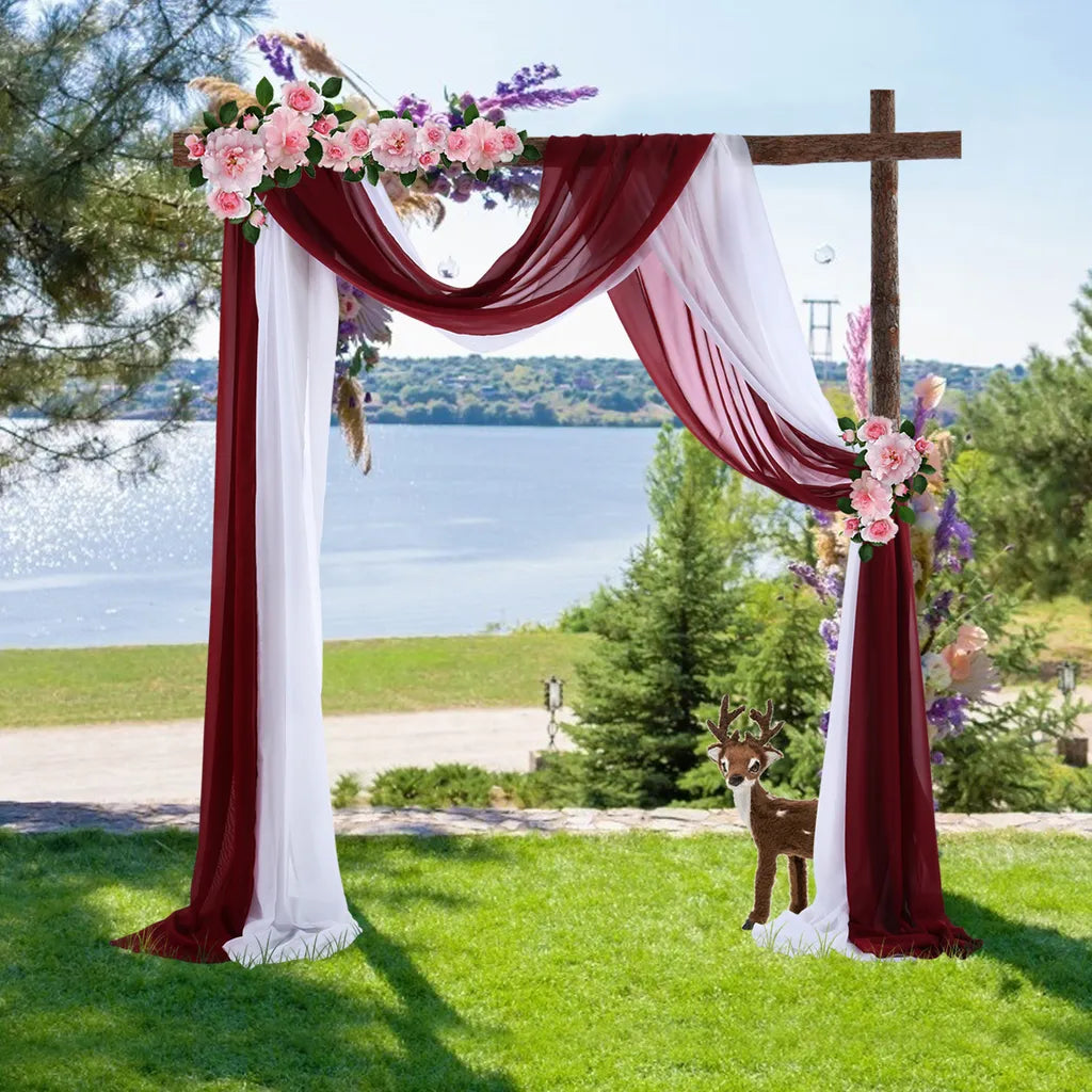  Chiffon-Vorhang Hochzeitsbogen Drapieren Stoff, Umweltfreundliche Zarte Textur Schön Hochzeitsdekorationen Im Freien （2 Panels，Weiß+Weinrot）