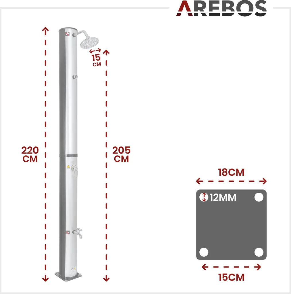  AREBOS Solardusche 40 Liter, Inklusive Abdeckhaube, Mit Integriertem Thermometer, Mit Fußdusche, Mit Gartenschlauch-Anschluss, Silber-Schwarz