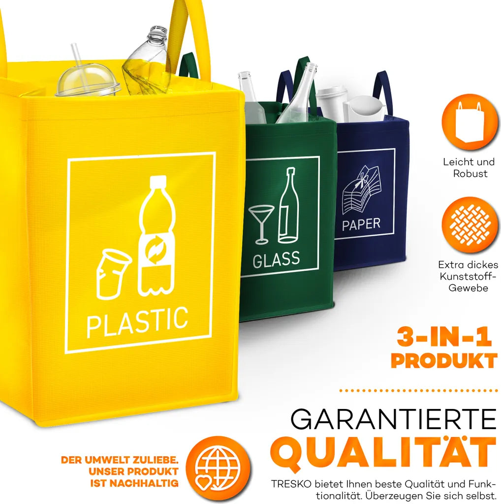  TRESKO 3er Set Recycling Englisch Müll Sortiertaschen Mülltrennsystem Mülleimer Mülltrenner Trennsystem Abfalltrennsystem