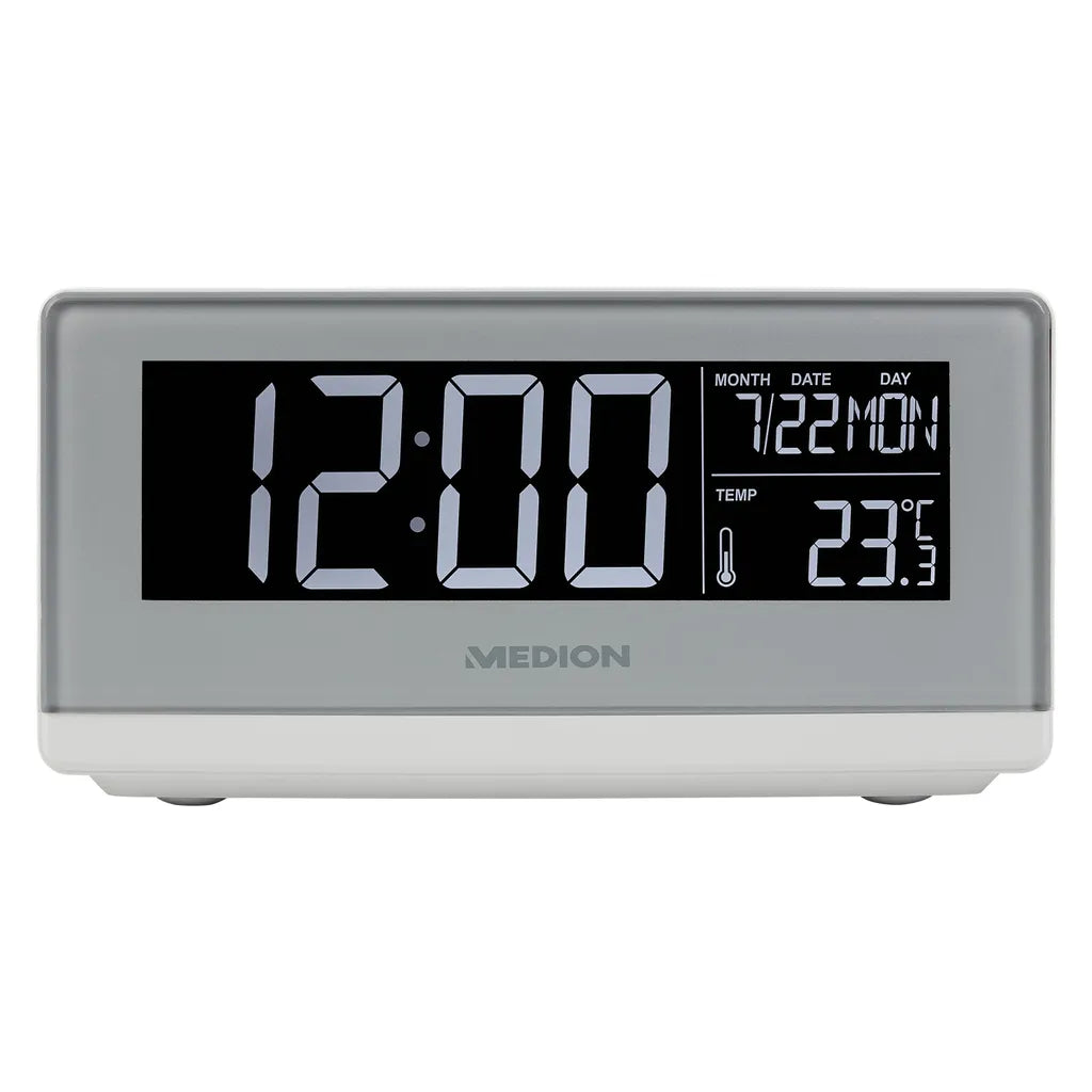  MEDION E75009 Wecker Mit Qi Ladefunktion (Weckstation, Ladestation, Induktives Laden, Temperaturanzeige, Snooze Schlummerfunktion, Timer, Displaydimmer) Silber
