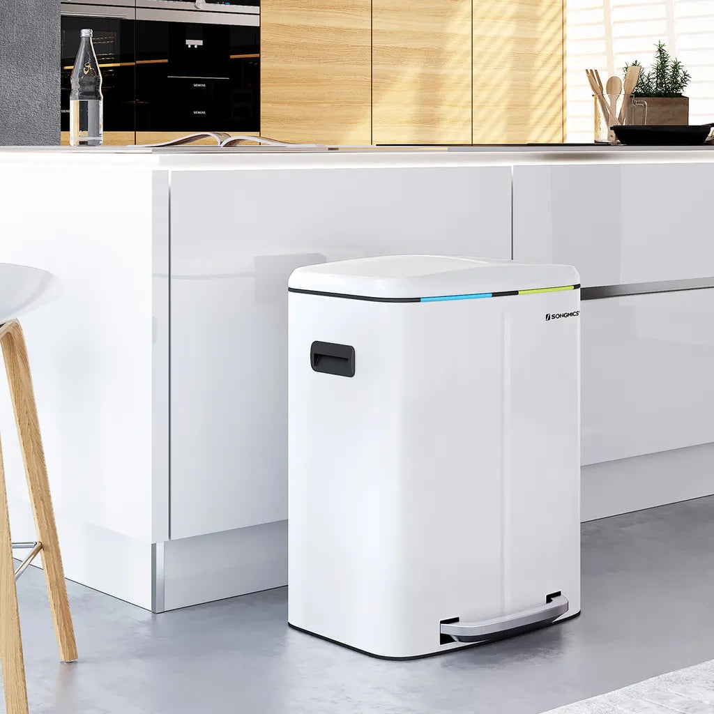  SONGMICS Mülleimer Mit 2 Fächern 40L Abfalleimer 2 X 20L Treteimer Aus Metall Mit Klappdeckel Und Griffen Softclose Luftdicht Weiß LTB40WT