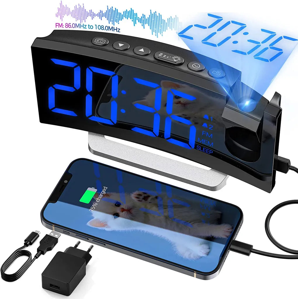  Radiowecker,Digital Wecker Mit Projektion 180°,Projektionswecker Mit USB