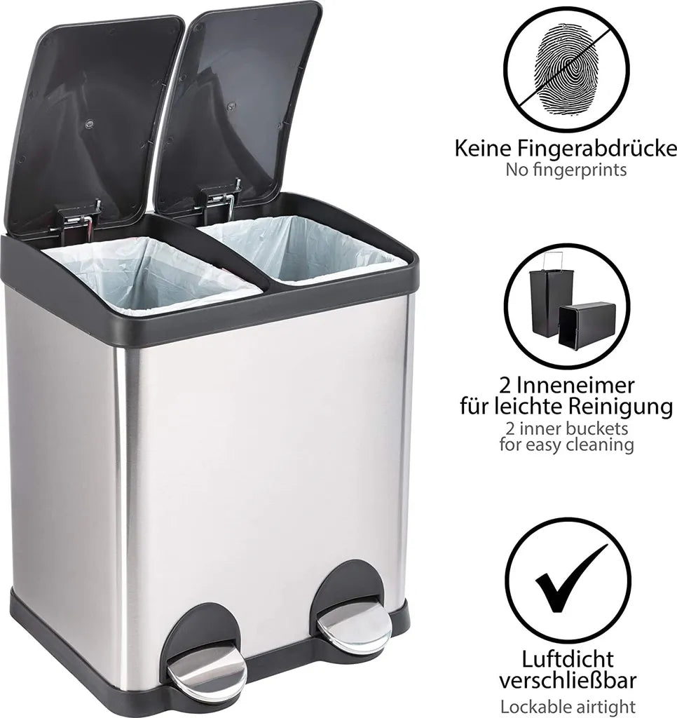  ONVAYA® Doppel Tretmülleimer Leo Edelstahl | 30L Mülltrennsystem Für Die Küche | Duo Abfalleimer In Silber & Schwarz | Müllbehälter 2X 15L