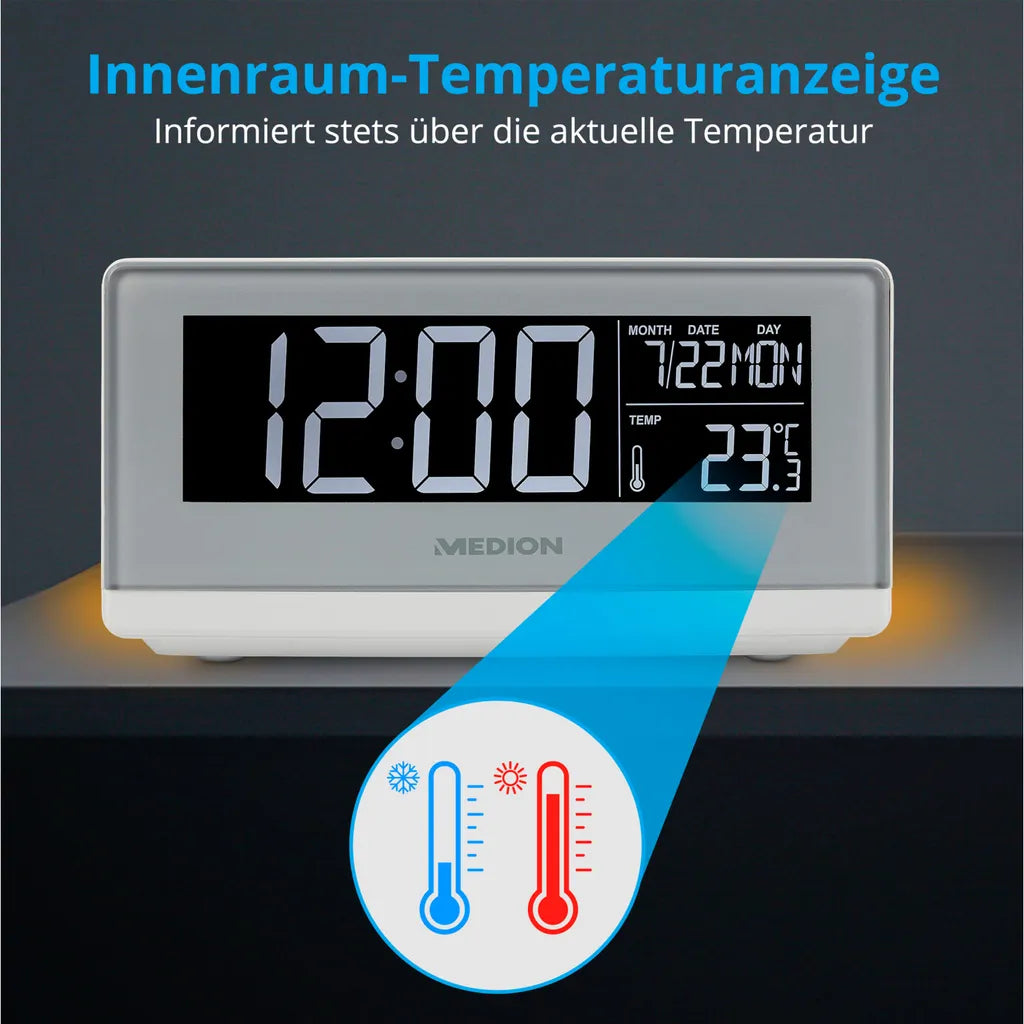  MEDION E75009 Wecker Mit Qi Ladefunktion (Weckstation, Ladestation, Induktives Laden, Temperaturanzeige, Snooze Schlummerfunktion, Timer, Displaydimmer) Silber