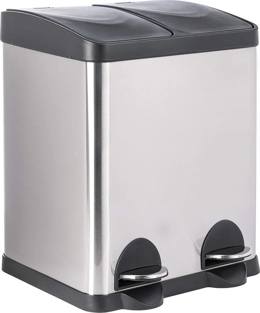  ONVAYA® Doppel Tretmülleimer Leo Edelstahl | 30L Mülltrennsystem Für Die Küche | Duo Abfalleimer In Silber & Schwarz | Müllbehälter 2X 15L