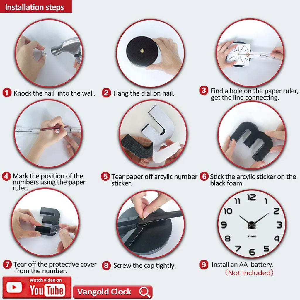 Rahmenlose 3D DIY Wanduhr XXL Stumm Spiegel Aufkleber Home Office Schule Dekoration () (Schwarz-14)