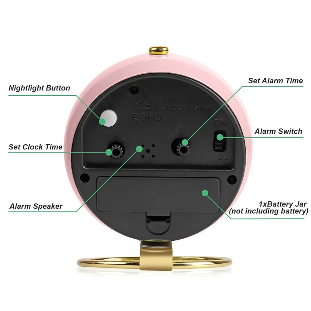  Super Leiser Wecker In 3 Farben, Runder Piepton-Wecker, Mit Nachtlicht, Batteriebetrieben, Einfaches Anbringen, Einfach Und Retro Für Schreibtisch, Schlafzimmer Und Heimdekoration,Pink