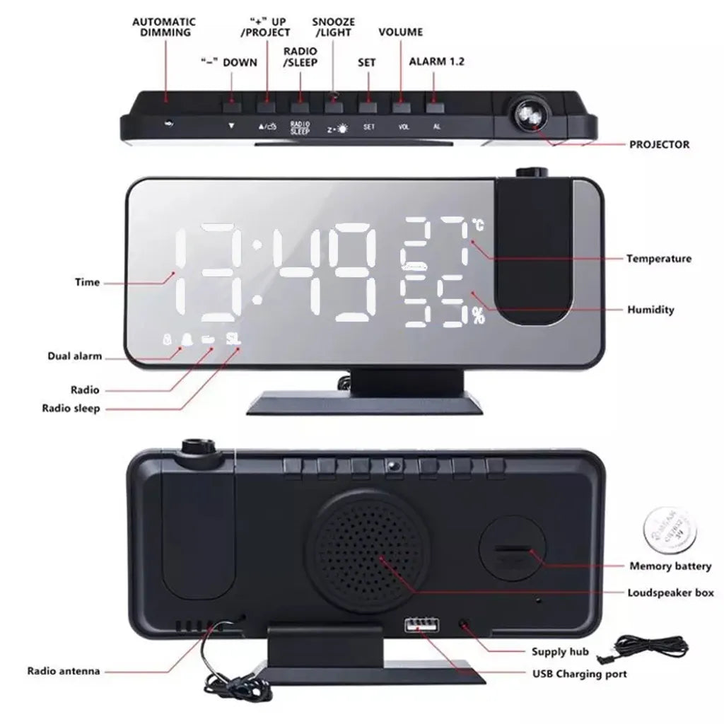  Projektionswecker, Digital Wecker Mit Projektion 180 °, Radiowecker Mit USB-Anschluss Großem LED-Anzeige Snooze Dual-Alarm,4 Projektionshelligkeit Mit Automatischem Dimmer, 32FM Radio