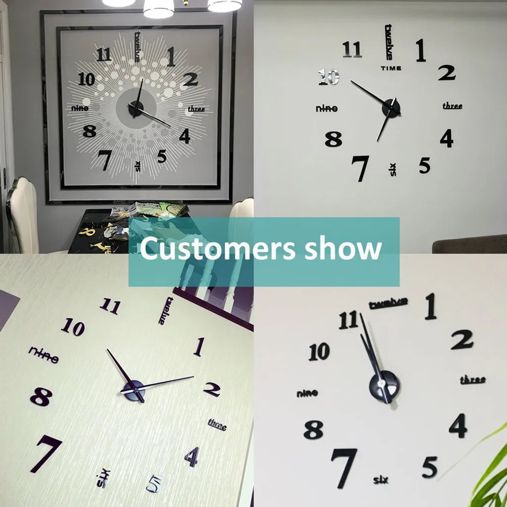  Rahmenlose 3D DIY Wanduhr XXL Stumm Spiegel Aufkleber Home Office Schule Dekoration () (Schwarz-14)