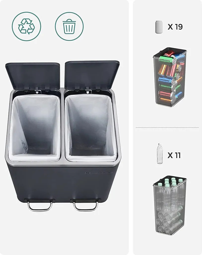  SONGMICS Mülleimer Treteimer Mit 2 Fächern 30 L Aus Metall 2 X 15 Liter Abfalleimer Mit Softclose Inneneimern Und Griffen Luftdicht Rauchgrau LTB30GS