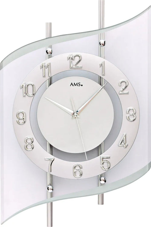  AMS 5506 Wanduhr Funk Funkwanduhr Analog Silbern Modern Geschwungen Mit Glas