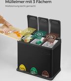  SONGMICS Mülleimer Für Die Küche, 3 X 8 Liter, Abfalleimer Aus Metall, 3-in-1 Treteimer, Mülltrennung, Mülltrennsystem, 15 Müllbeutel, Einfach Zu Reinigen, Stahl, Schwarz LTB24BK