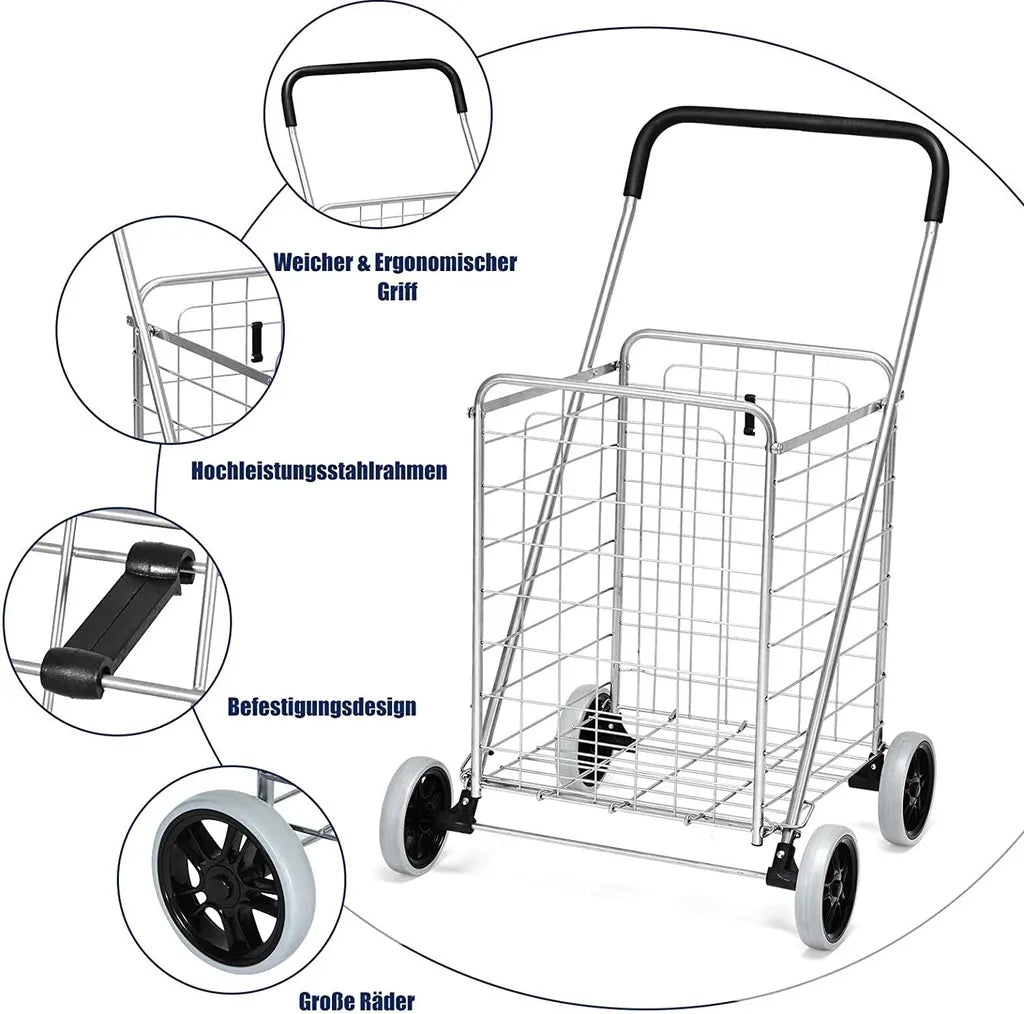  COSTWAY Klappbarer Einkaufstrolley, Einkaufswagen Auf Rollen, 45 Kg Belastbar, 83LKapazität, Tragbarer Handwagen, Rollwagen Allzweckwagen Für Wäsche, Einkaufen, Gepäck (Silber)