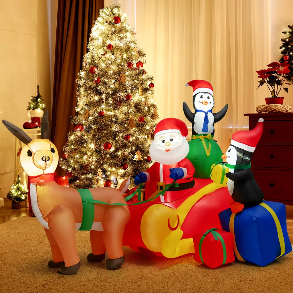  COSTWAY Aufblasbarer LED Weihnachtsmann Im Schlitten Mit 2 Pinguinen & Geschenken 180cm Lang, Weihnachtsdekoration Mit Wasserdichtem Gebläse Für Weihnachten