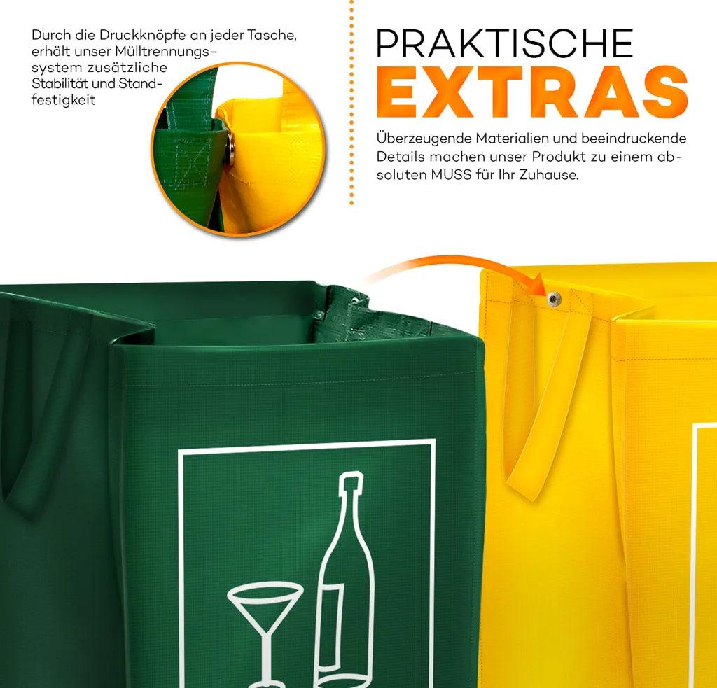  TRESKO 3er Set Recycling Englisch Müll Sortiertaschen Mülltrennsystem Mülleimer Mülltrenner Trennsystem Abfalltrennsystem