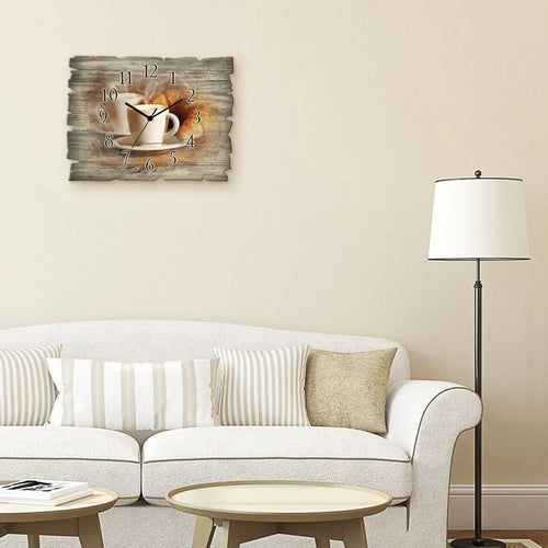  ARTland Holz Wanduhr Funkuhr - Schwarzer Zeiger Dampfender Cappuccino Und Croissant Größe: 40x30 Cm