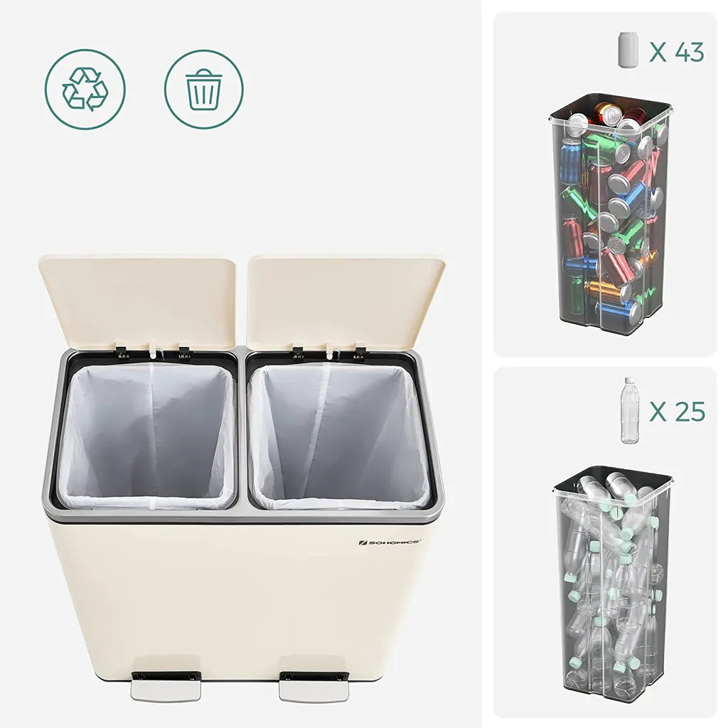  SONGMICS Mülleimer, 2 X 30 L, 2 Fächer, Mülltrennsystem, Treteimer, Abfalleimer Küche, 15 Müllsäcke, Aus Metall, Inneneimer Aus Kunststoff, Klappdeckel, Softclose, Luftdicht, Cremeweiß LTB060A01