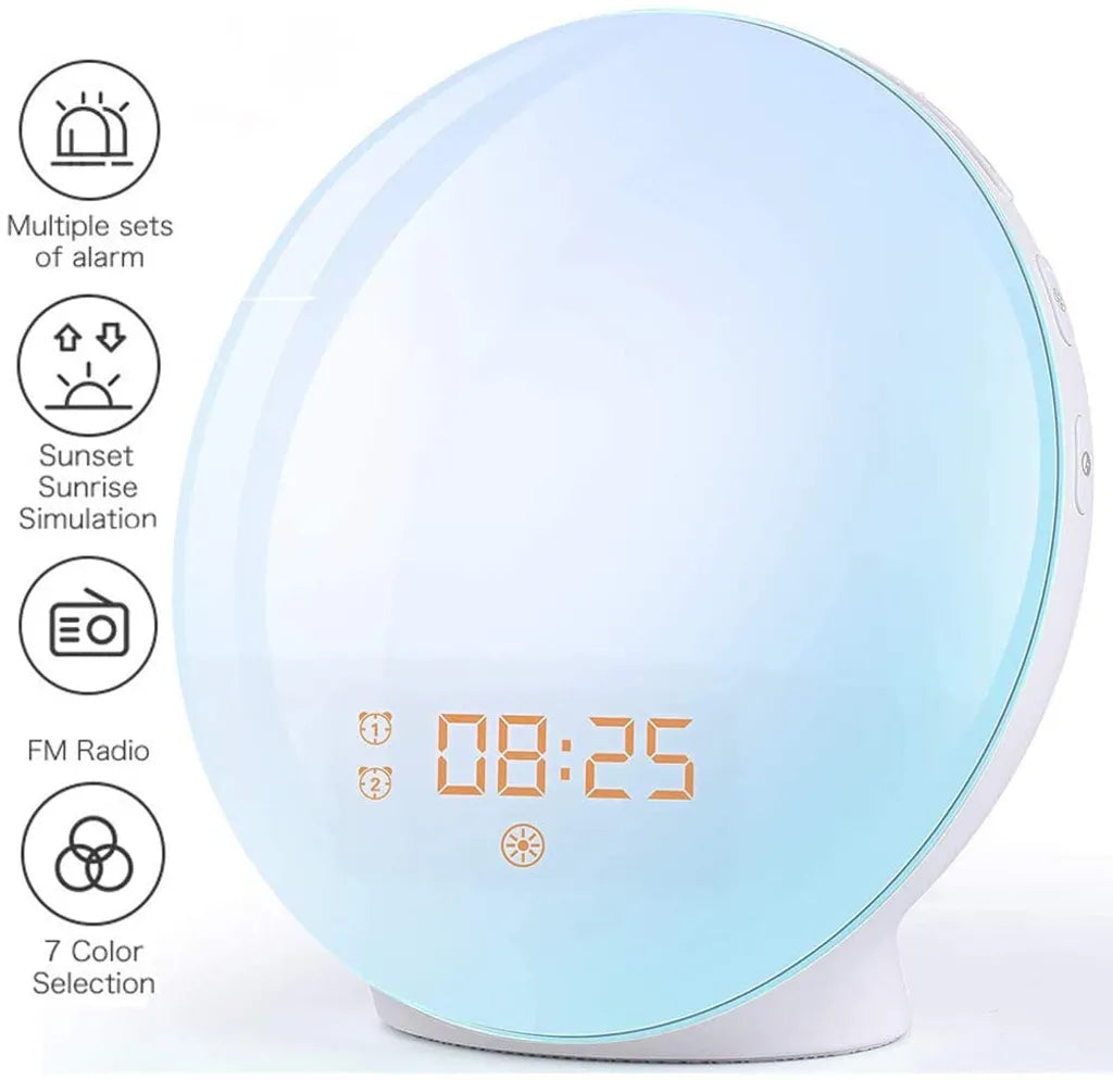  Lichtwecker LED Wake Up Light, Wecker Mit Sonnenaufgangssimulation, Tageslichtwecker FM Radio Wecker Mit Licht 7 Farben, 7 Wecktöne Wecker Kinder Alarm Clock Digital Uhr Nachtlicht Nachttischlampe [Energieklasse A++]