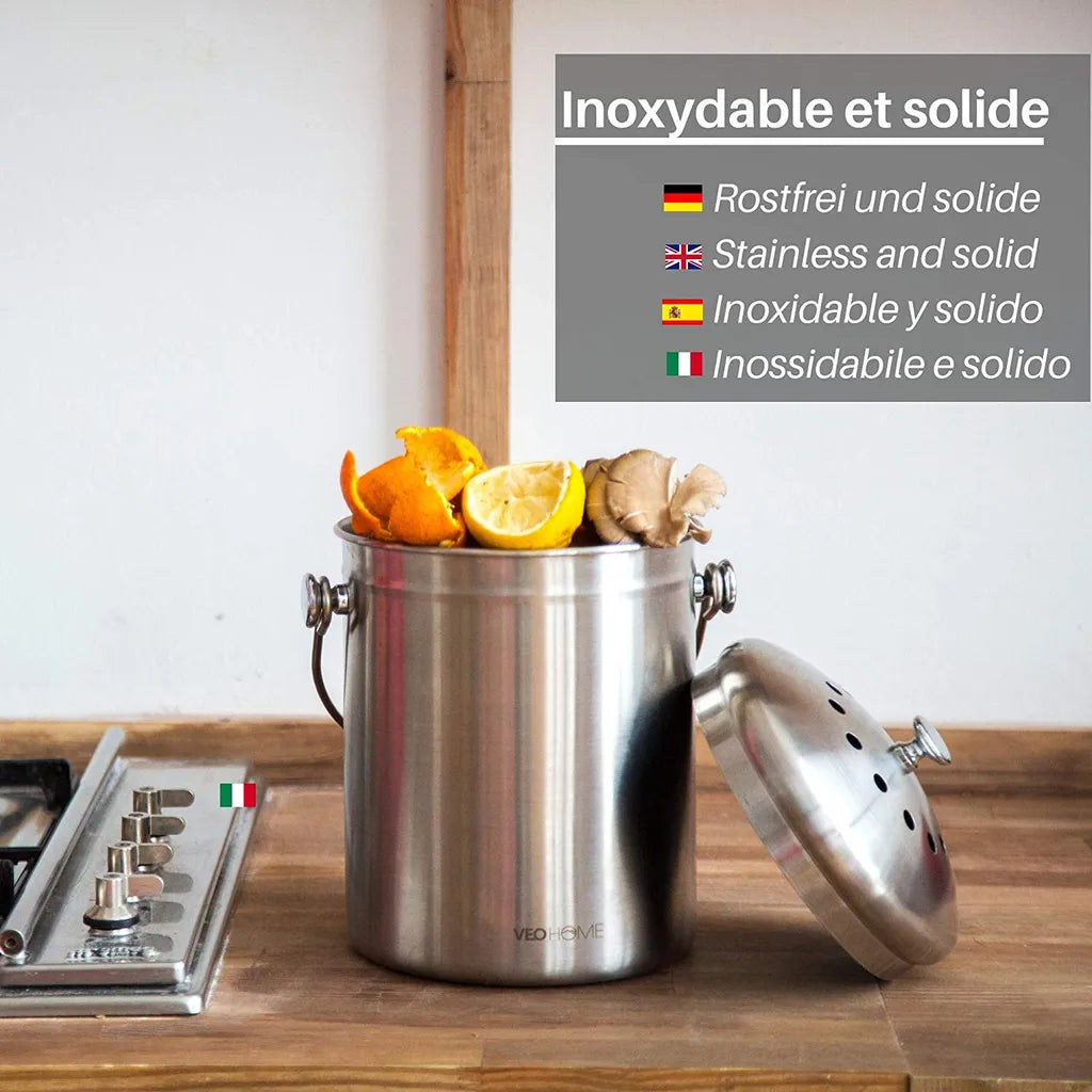  Komposteimer Küchen-Kompostbehälter VeoHome Mit Aktivkohlefilter (5L) - Rostfreier Edelstahl, 100% Luftdicht, Um Geruch Aus Organischen Lebensmittelresten Zu Hause
