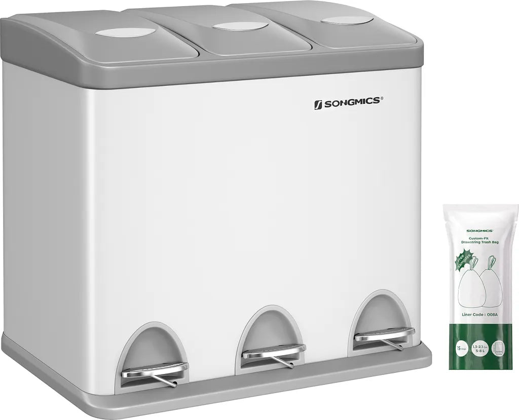  SONGMICS Mülleimer Für Die Küche, 3 X 8 Liter, Abfalleimer Aus Metall, 3-in-1 Treteimer, Mülltrennung, Mülltrennsystem, Mit 15 Müllsäcken, Einfach Zu Reinigen, Stahl, Weiß-grau LTB24WT