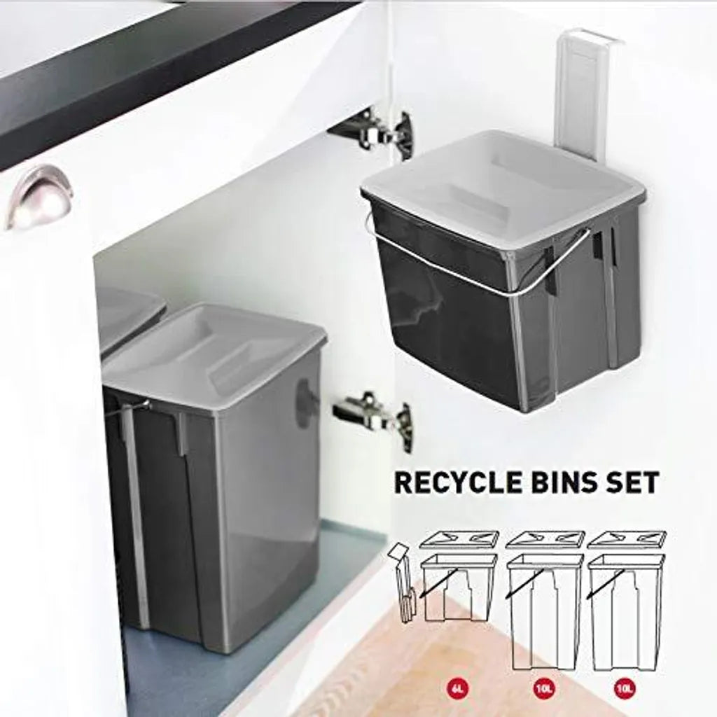  CURVER Abfalleimer Set Abfalltrennungsset Sortieren Mülleimer 2x10L + 6L Küchen-Mülleimer Mülleimer Mülltrennsystem Tragegriff Deckel Inkl. Halterung