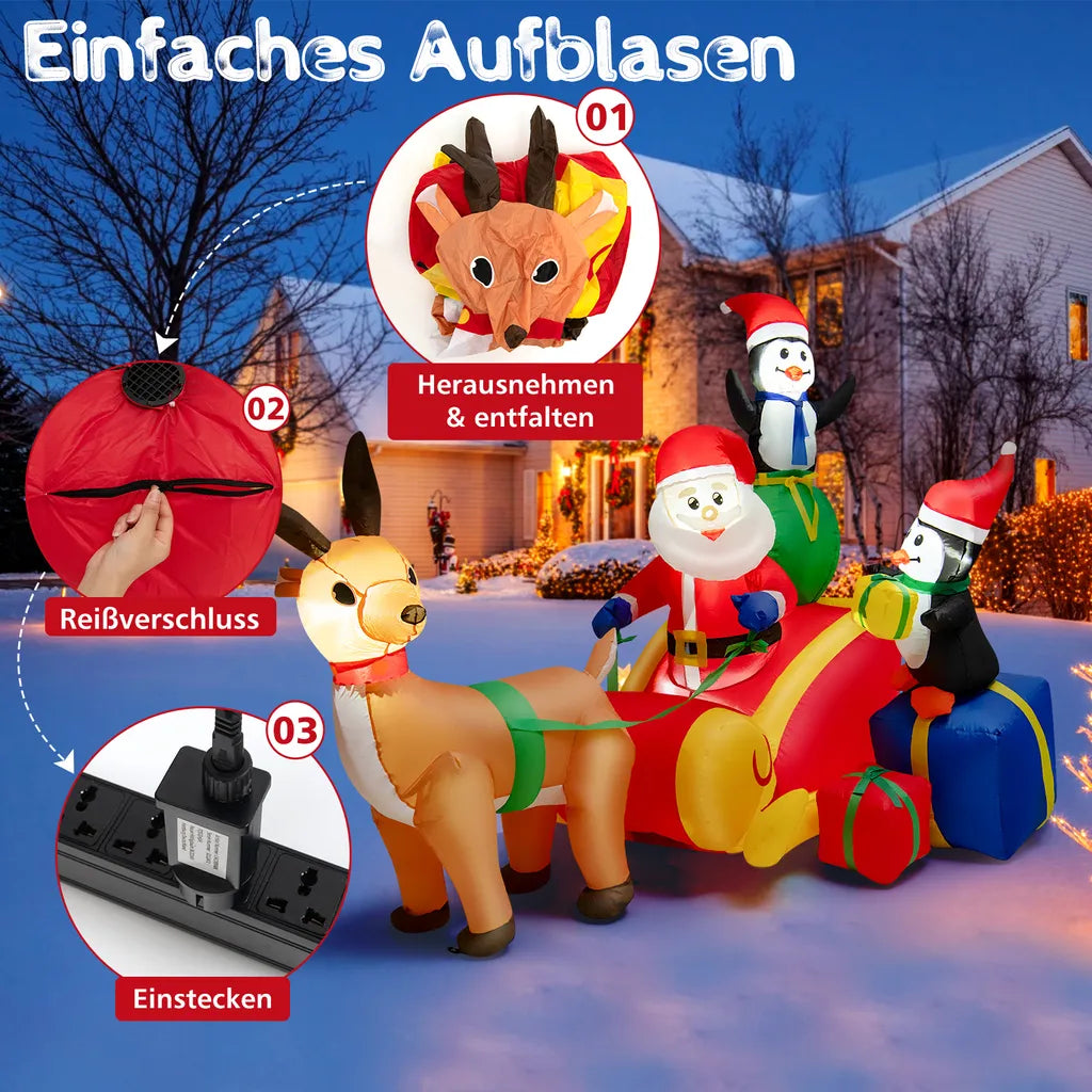  COSTWAY Aufblasbarer LED Weihnachtsmann Im Schlitten Mit 2 Pinguinen & Geschenken 180cm Lang, Weihnachtsdekoration Mit Wasserdichtem Gebläse Für Weihnachten