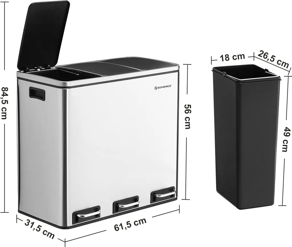  SONGMICS Mülleimer 54L Treteimer 3 X18L Edelstahl Abfalleimer Mit Fußpedal Handgriffen Und 3 Inneneimern Aus Kunststoff LTB54NL