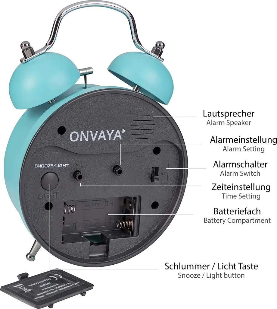  ONVAYA® Kinderwecker Analog | Türkis | Lernuhr Für Kinder | Retro Wecker Ohne Ticken | Lernwecker Mit Licht & Musik | Quarzwecker | Glockenwecker | Kinderuhr Spielzeug Für Jungen & Mädchen