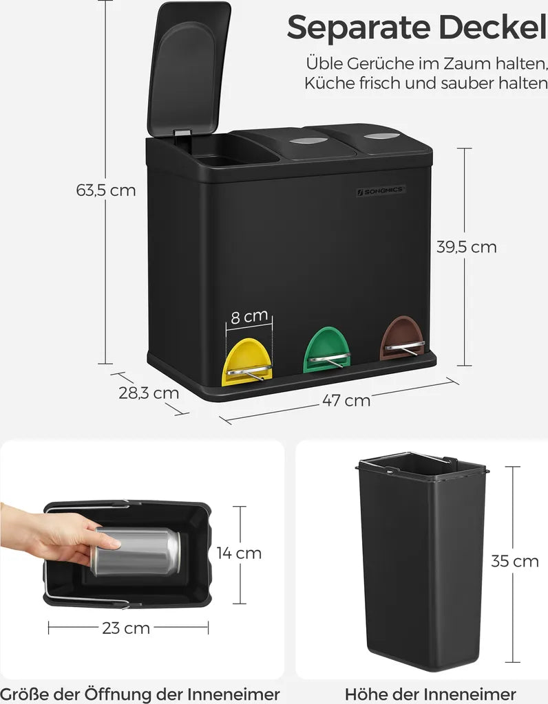  SONGMICS Mülleimer Für Die Küche, 3 X 8 Liter, Abfalleimer Aus Metall, 3-in-1 Treteimer, Mülltrennung, Mülltrennsystem, 15 Müllbeutel, Einfach Zu Reinigen, Stahl, Schwarz LTB24BK