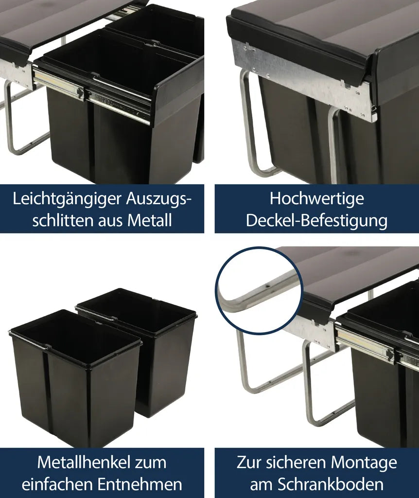  Wesco Niedriger Mülleimer Küche Ausziehbar | 2 X 15 L Einbaumülleimer Mit Schienengestell | Abfallsystem | Abfallsammler | Trennsystem | Bodenmontage | Kunststoff Schwarz | 28015 0
