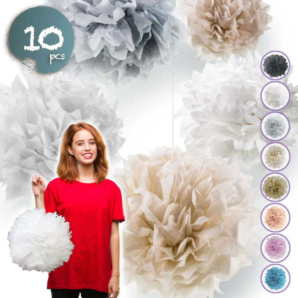  Pumpko® Decor 10 Seidenpapier Pompons | Champagner Hellgrau Weiß Deko Für Party Hochzeit |Ponpon
