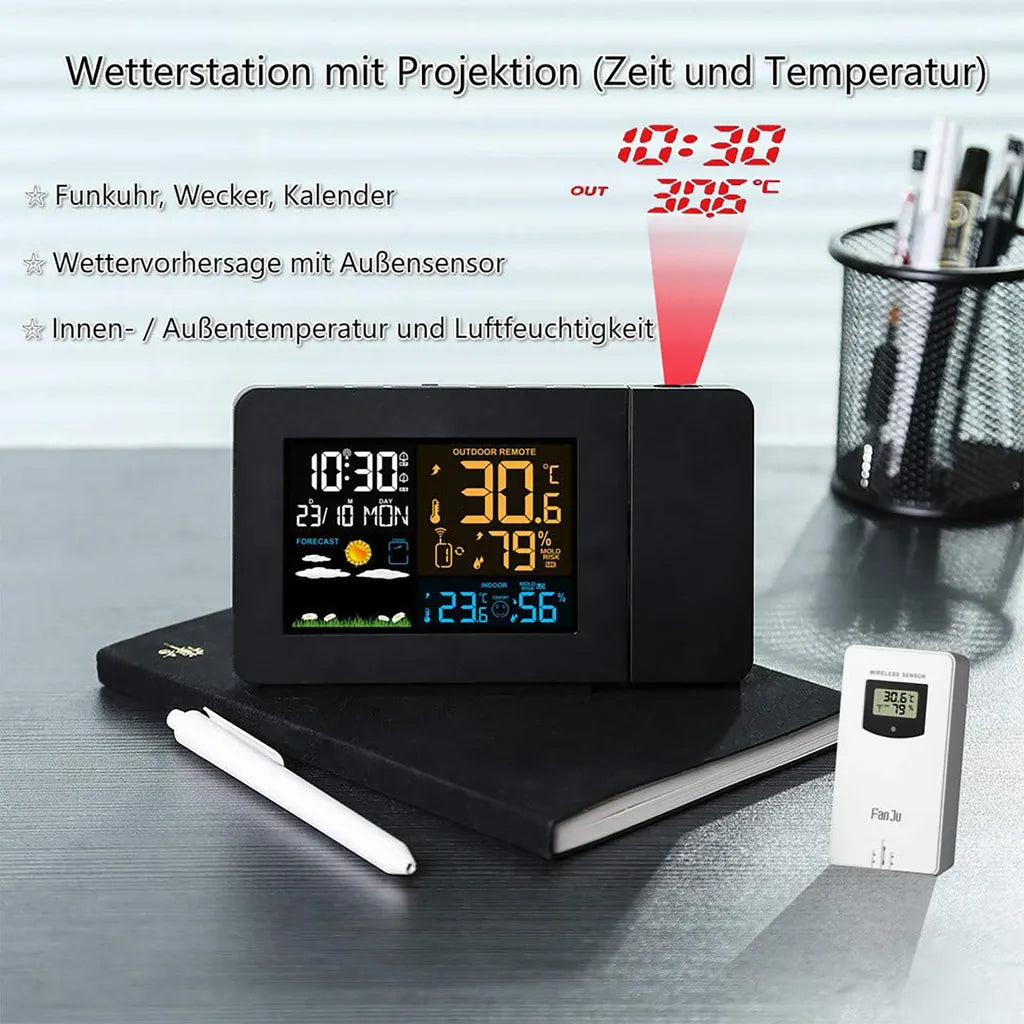  FanJu Wecker, Wetterstation Funk Mit Außensensor/Projektionswecker/Innen-/Außentemperatur Und Luftfeuchtigkeit/Mondphase/Funkwecker