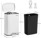  SONGMICS 50 Liter, Mülleimer Küche, Abfalleimer, , Mit Deckel, Treteimer Weiß LTB101W01