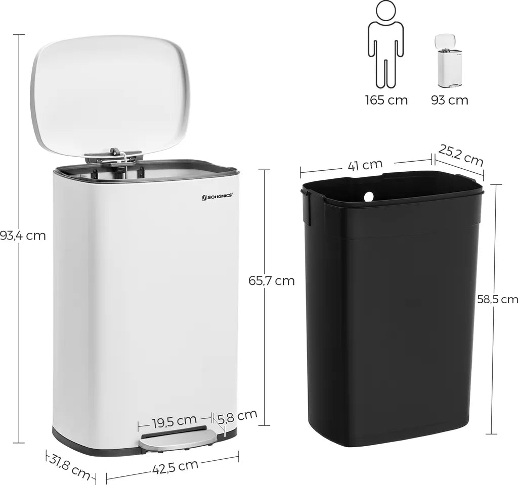  SONGMICS 50 Liter, Mülleimer Küche, Abfalleimer, , Mit Deckel, Treteimer Weiß LTB101W01