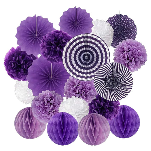  19 Stk/Set Lila Seidenpapier Pompons + Papierfächer + Wabenbälle Hochzeit Geburtstag Party Deko Papier Blumen Puscheln