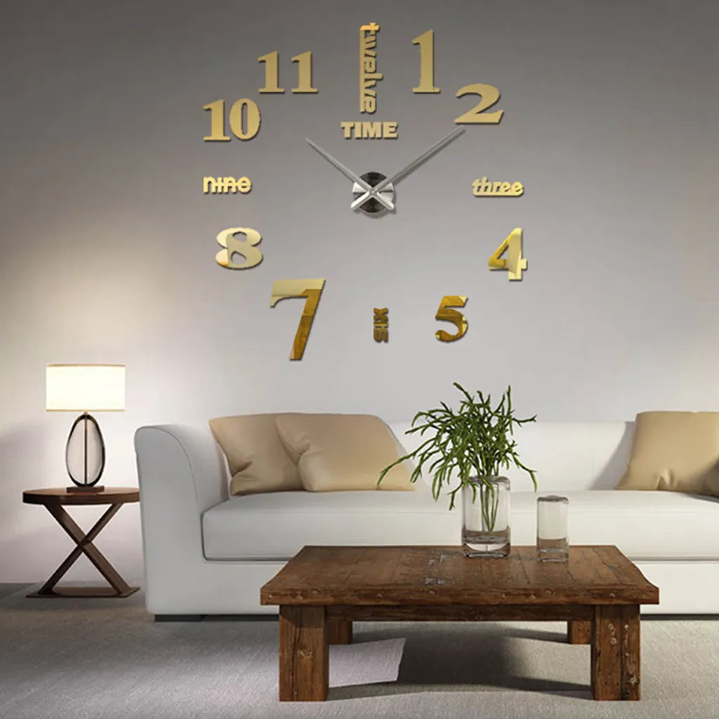  47“ 3D Spiegel Wanduhr Kleben Große Wall Clock Rahmenlose DIY Wanduhr Wandtattoo Wanduhr 120*120cm (Gold)