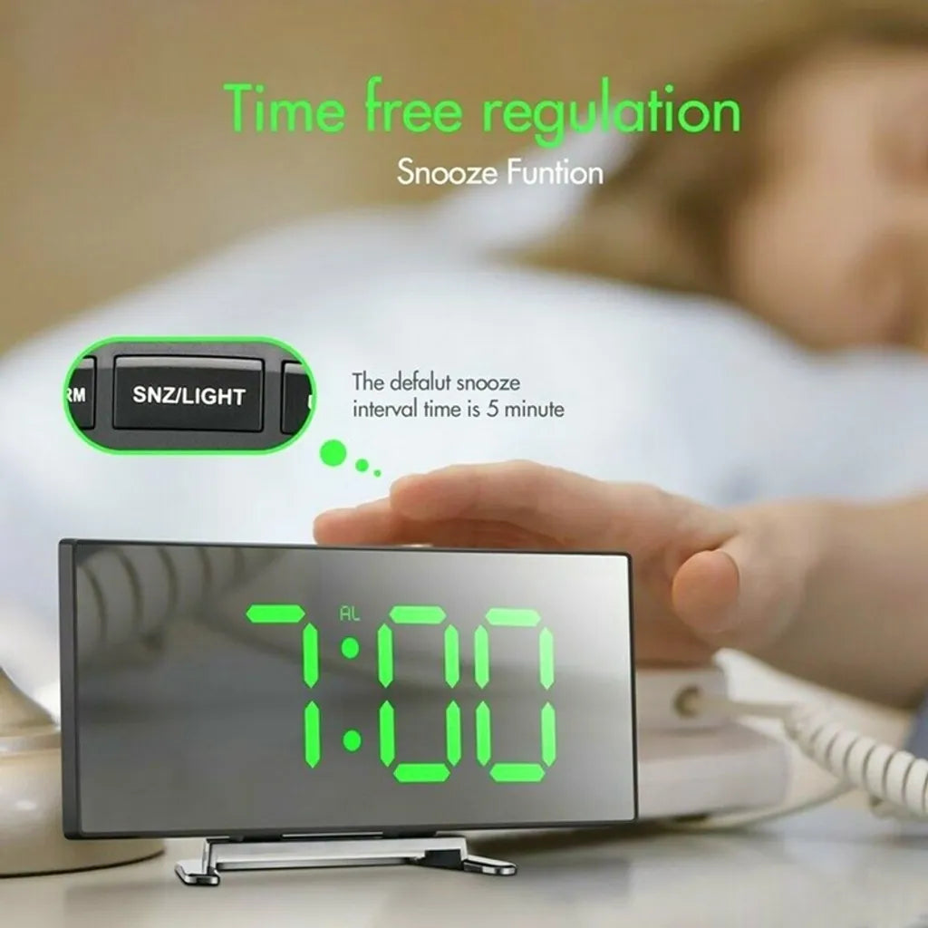  Digitaler Wecker Uhr Mit LED Gebogener Spiegel Großer , USB Stiller Wecker Mit Temperatur- Und Schlummermodus, Harz, Grün