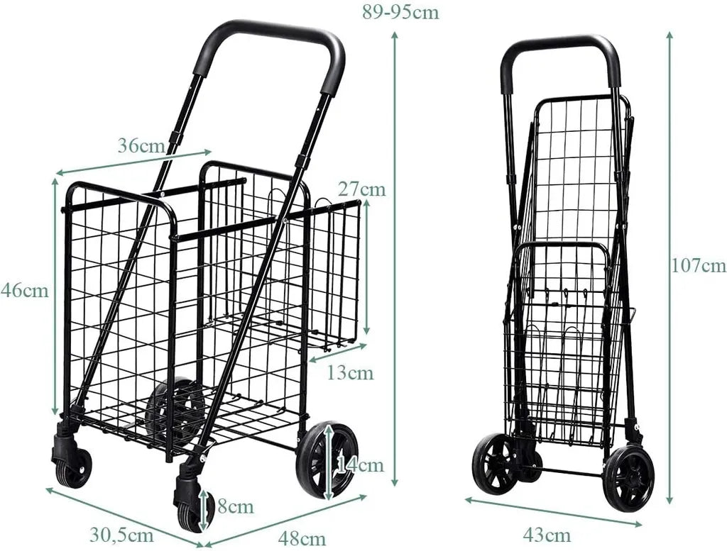  COSTWAY Klappbarer Einkaufstrolley, Einkaufswagen Mit Universalrädern & Doppelkorb, 48L+10L, Tragbarer Handwagen Mit Verstellbarer Griff, Rollwagen Allzweckwagen Für Wäsche Einkaufen Gepäck (Schwarz)