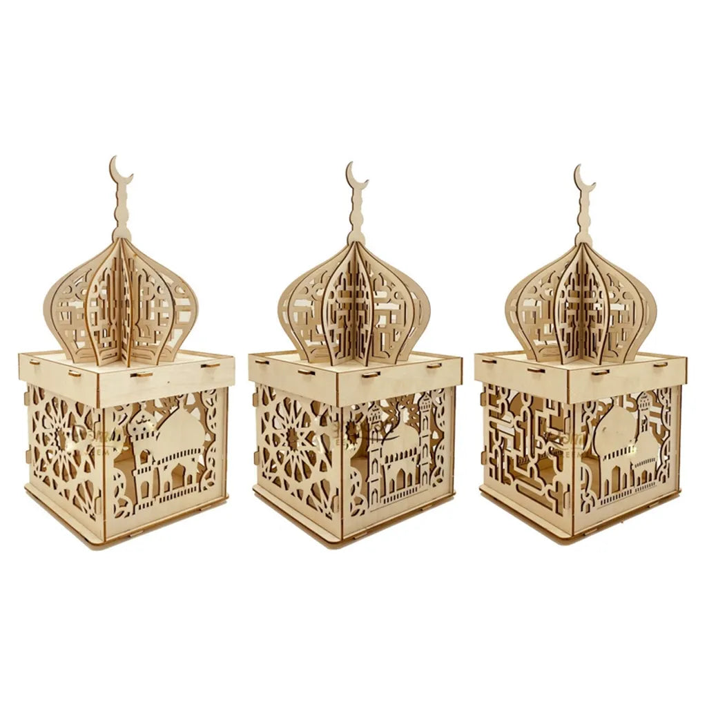  3 Stück Ramadan Dekoration Laterne LED Holz Stereo Palace Lampe Eid Mubarak Dekorative Laterne Ramadan Kareem Muslim Islam Party