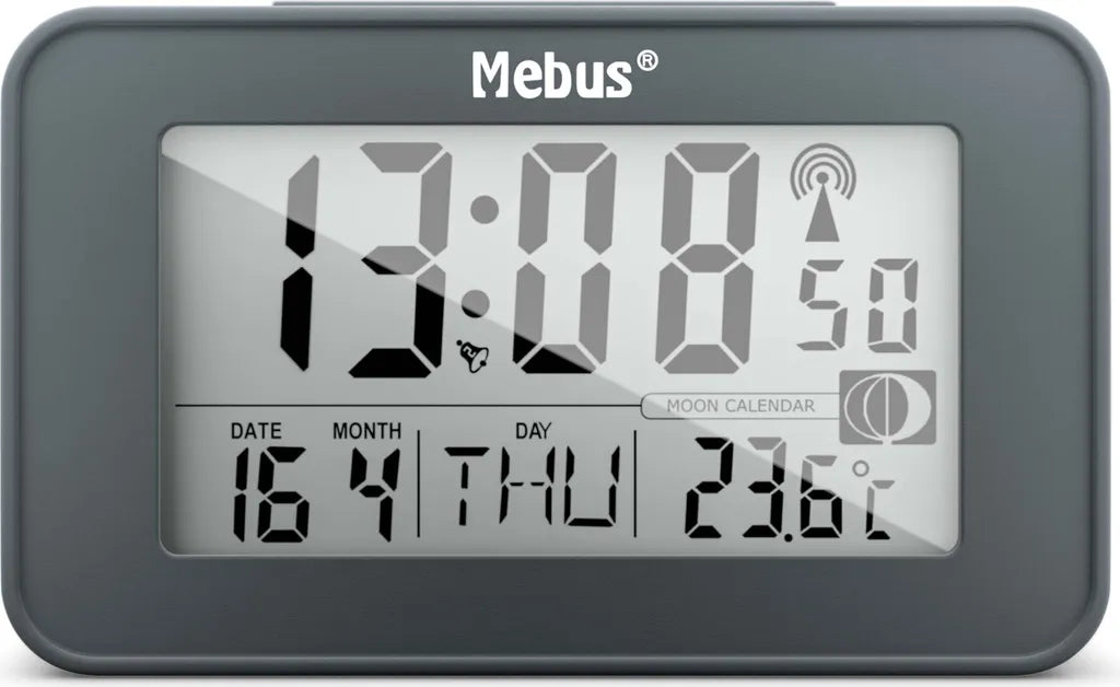  Mebus Digitaler Funkwecker Mit Mondkalender, Beleuchtung, Innenthermometer, 2 Weckzeiten, Schlummer-Funktion