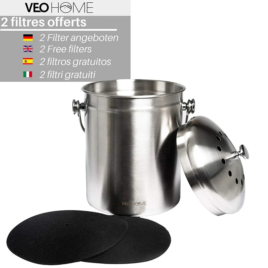  Komposteimer Küchen-Kompostbehälter VeoHome Mit Aktivkohlefilter (5L) - Rostfreier Edelstahl, 100% Luftdicht, Um Geruch Aus Organischen Lebensmittelresten Zu Hause