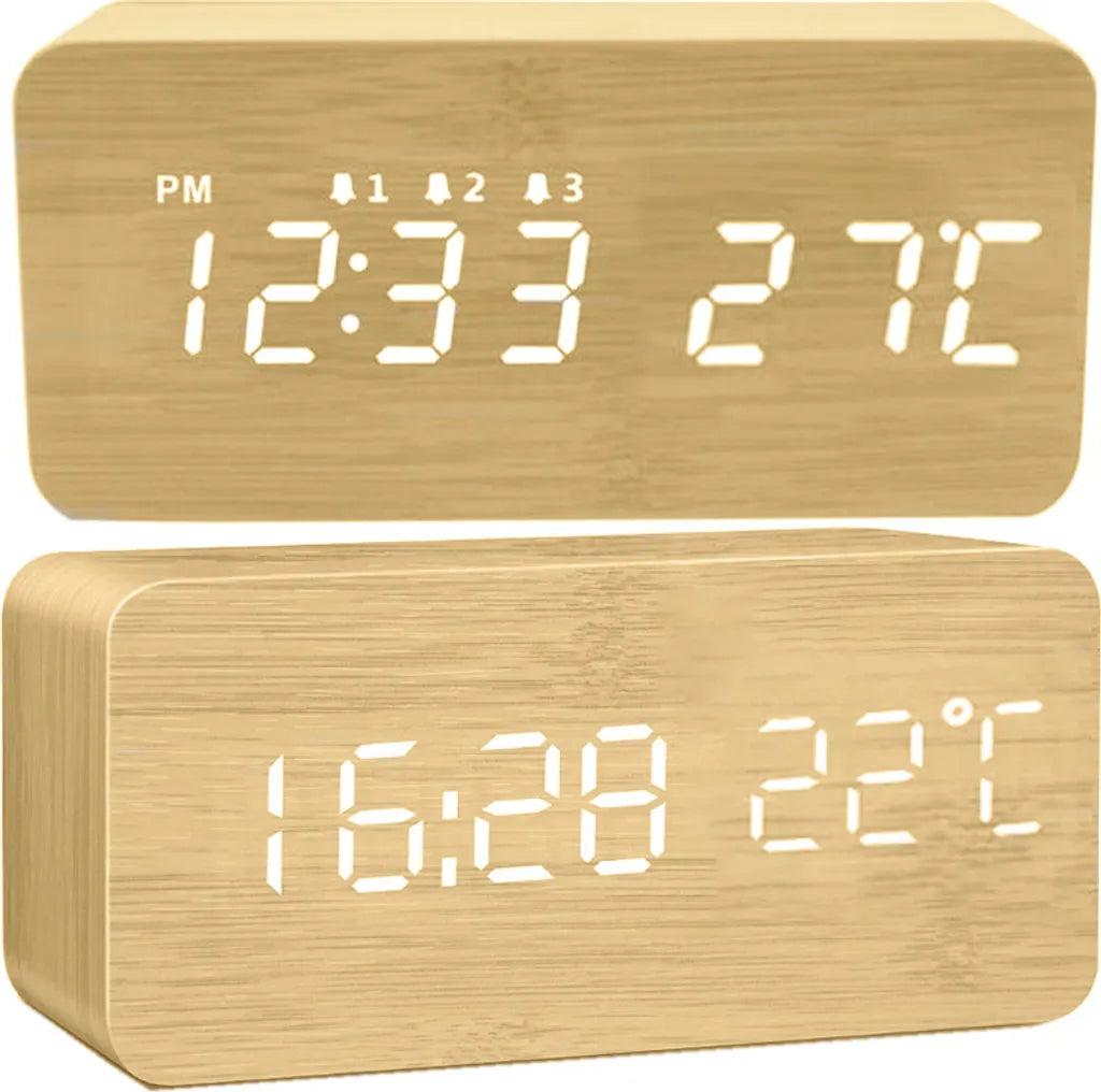  Digitaler Wecker Holz Holzoptik 3D LED Digital Digitaluhr Wanduhr Datum Temperatur 12h 24h USB Alarm Clock Schlafzimmer Büro Dimmbar Zeit Uhr Retoo
