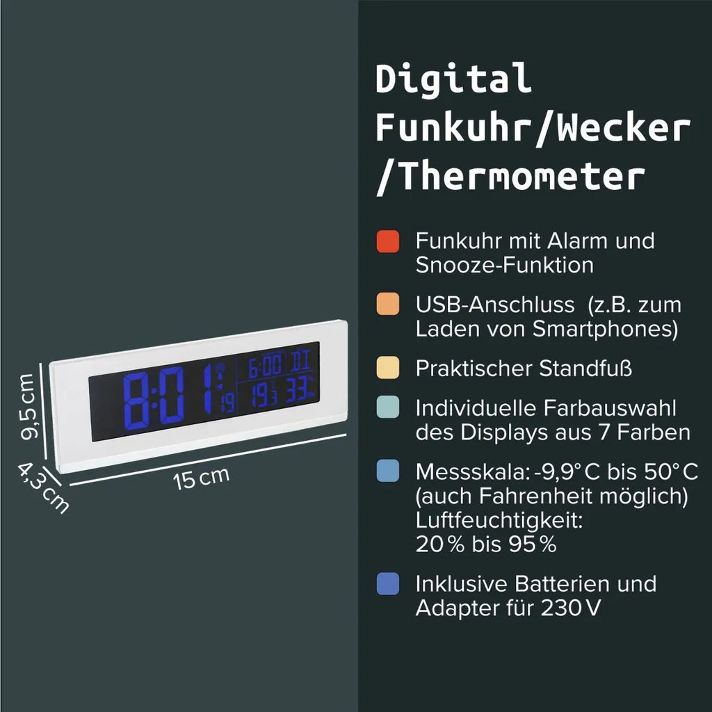  Fackelmann Digitale Funkuhr Mit Wecker Tecno, Digitaluhr Mit Temperaturanzeige, Funkwecker Mit USB-Anschluss, Hochwertiger Digitalwecker, Uhr Mit Thermo-Hygrometer (Farbe: Weiß)