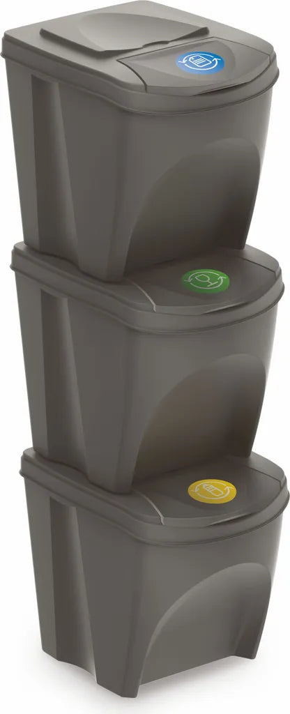  Sortibox Mülleimer Mit Deckel 3er Set - 25 L / Steingrau - Müll Trennsystem Abfall Trenner Stapelbar