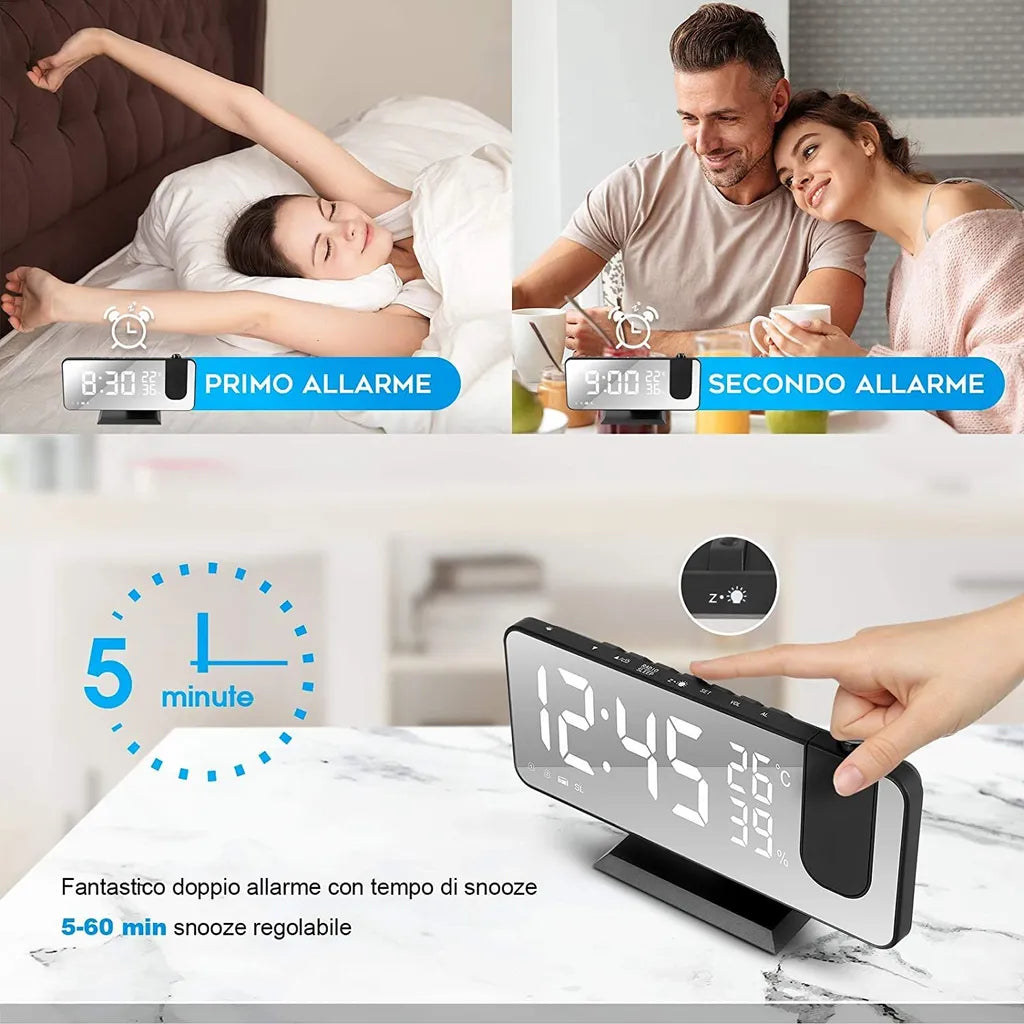 Projektionswecker, Led Digital Wecker Mit Projektion 180 °, Radiowecker Mit USB-Anschluss Großem LED-Anzeige Snooze Dual-Alarm, 4 Projektionshelligkeit Mit Automatischem Dimmer, 32FM Radio