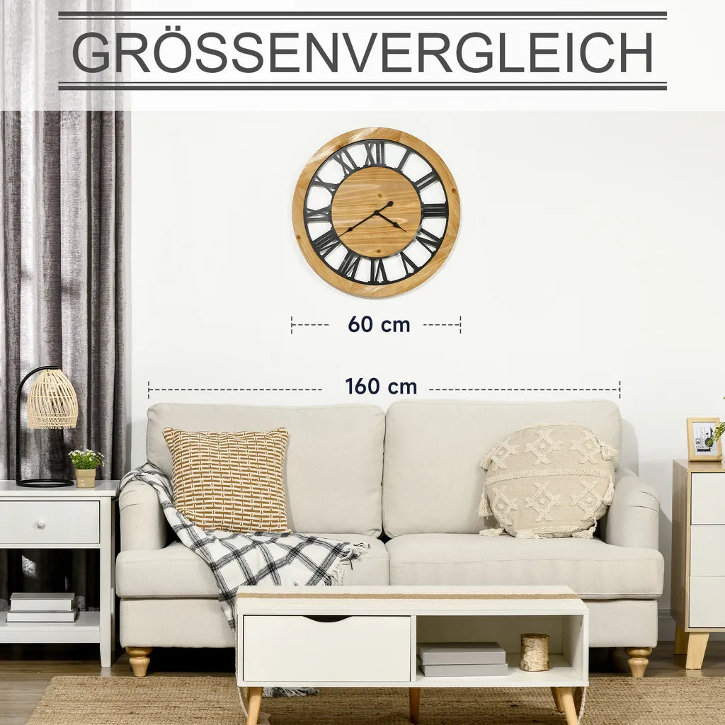  HOMCOM Wanduhr 60 Cm Mit Römischen Ziffern, Uhrwerk Im Vintage-Design, Geräuschlose Dekoration Für Wohnzimmer Küche Metall Tannenholz Schwarz+Natur