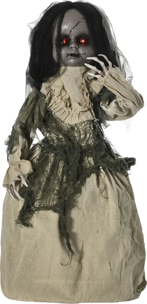  Outsunny 83cm Halloween Dekoration Geisterpuppe Mit Spezialeffekten Und Soundfunktion Rote Augen Mit Leuchtern Motorisierte Räder Horrorpuppe